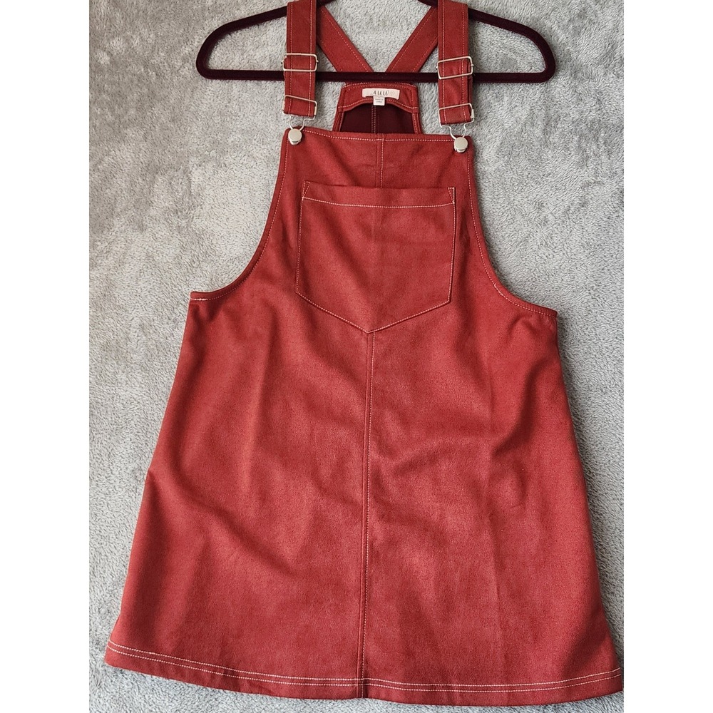AUW Overall Dress Womens Medium Rust Red Faux Suede Pinafore Contrast Stitching